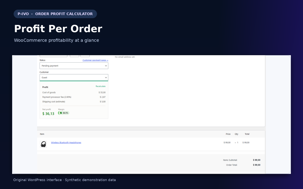 WooCommerce order showing net profit and margin